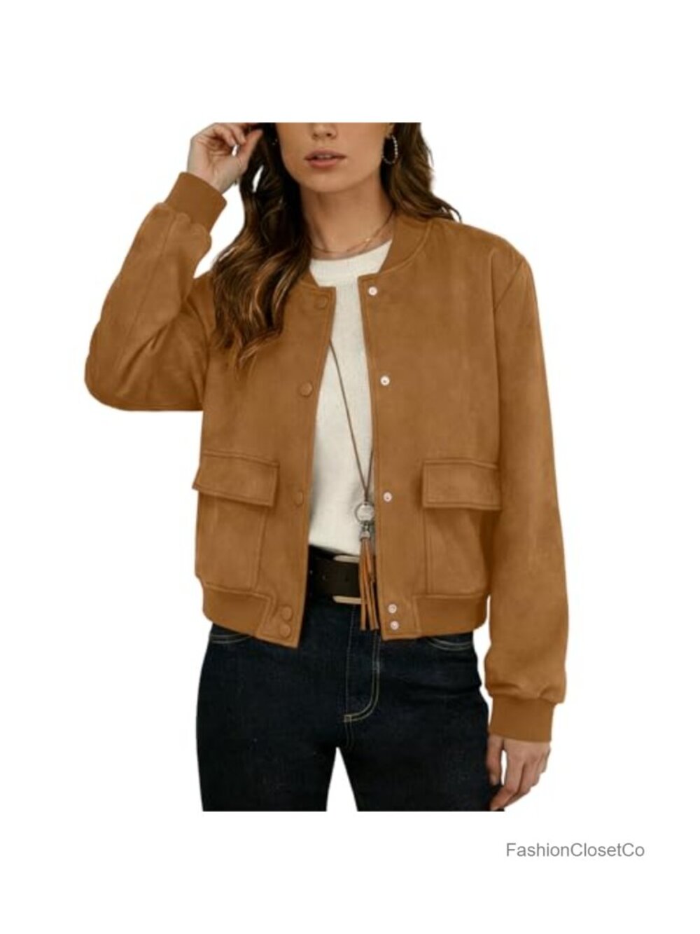 Faux Suede Leather Cropped Bomber Button Down Jacket Pockets